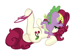 Size: 750x531 | Tagged: explicit, artist:moronsonofboron, editor:undeadponysoldier, spike, beauty mark, blowjob, cherry jubilee, clothes, dragon, dragon on pony action, edit, female, foalcon, g4, imported from derpibooru, interspecies, lipstick, male, nudity, oral, penis, pony, sex, ship:jubispike, straight, stripping, underwear