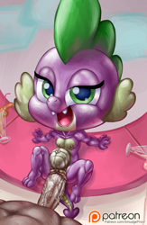 Size: 1304x2000 | Tagged: explicit, artist:smudge proof, spike, abdominal bulge, barb, belly, belly button, breasts, cursed image, dragon, female, foalcon, g4, g4.5, human, human on dragon action, human penis, imported from derpibooru, interspecies, looking at you, looking back, looking back at you, male, my little pony: pony life, nipples, nudity, outie belly button, patreon, patreon logo, penis, rule 63, straight, sugarcube corner, vein, veiny cock, wtf