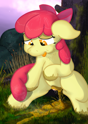 Size: 1528x2160 | Tagged: explicit, grotesque, artist:not_texmex, apple bloom, alternate version, anatomically correct, anus, apple bloom's bow, belly button, bow, chest fluff, clitoris, dark genitals, derpibooru exclusive, diarrhea, earth pony, explosive diarrhea, female, fetish, foalcon, g4, grass, hair bow, imported from derpibooru, moss, nudity, outdoors, ponut, pony, poop, pooping, scat, solo, solo female, squatting, steam, tongue out, unshorn fetlocks, urine, using the bathroom in the woods, vulva