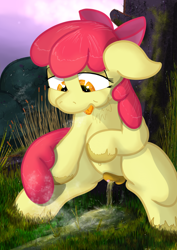 Size: 1528x2160 | Tagged: explicit, artist:not_texmex, apple bloom, alternate version, anatomically correct, anus, apple bloom's bow, belly button, bow, chest fluff, clitoris, dark genitals, derpibooru exclusive, earth pony, female, fetish, foalcon, g4, grass, hair bow, imported from derpibooru, moss, nudity, outdoors, pissing, ponut, pony, solo, solo female, squatting, steam, tongue out, unshorn fetlocks, urine, using the bathroom in the woods, vulva, watersports