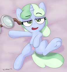 Size: 3125x3400 | Tagged: explicit, artist:plinko, oc, oc:sweetwater, bed, bedroom eyes, crotchboobs, delicious flat crotch, female, filly, flat, foal, foalcon, goggles, high res, implied sex, implied straight, imported from derpibooru, nipples, nudity, oc only, offscreen character, pony, presenting, seduction, seductive, solo, solo female, spread pussy, spreading, teats, underhoof, unicorn, vagina, vaginal secretions, vulva