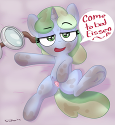 Size: 3125x3400 | Tagged: explicit, artist:plinko, oc, oc:eissen, oc:sweetwater, bed, bedroom eyes, crotchboobs, delicious flat crotch, dirty, fallout equestria, female, filly, filthy, flat, foal, foalcon, goggles, high res, implied sex, implied straight, imported from derpibooru, nipples, nudity, oc only, offscreen character, pony, presenting, seduction, seductive, solo, solo female, speech, speech bubble, spread pussy, spreading, teats, underhoof, unicorn, vagina, vaginal secretions, vulva