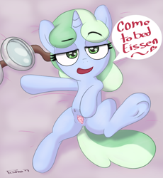 Size: 3125x3400 | Tagged: explicit, artist:plinko, oc, oc:eissen, oc:sweetwater, bed, bedroom eyes, crotchboobs, delicious flat crotch, fallout equestria, female, filly, flat, foal, foalcon, goggles, high res, implied sex, implied straight, imported from derpibooru, nipples, nudity, oc only, offscreen character, pony, presenting, seduction, seductive, solo, solo female, speech, speech bubble, spread pussy, spreading, teats, underhoof, unicorn, vagina, vaginal secretions, vulva