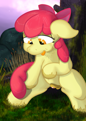 Size: 1528x2160 | Tagged: explicit, artist:not_texmex, apple bloom, anatomically correct, anus, apple bloom's bow, belly button, bow, chest fluff, clitoris, derpibooru exclusive, earth pony, female, filly, foal, foalcon, g4, grass, hair bow, imported from derpibooru, moss, nudity, outdoors, ponut, pony, solo, solo female, squatting, tongue out, unshorn fetlocks, vulva