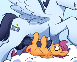 Size: 1500x1212 | Tagged: explicit, scootaloo, age difference, anonymous artist, big dom small sub, bodyjob, cloud, cum, cum in mouth, cumming, female, filly, foal, foalcon, g4, imported from derpibooru, lying down, lying on a cloud, male, nudity, on a cloud, pegasus, penis, pony, ship:soarinloo, shipping, size difference, soarin', source needed, stallion, stallion on filly, straight, the cmc's cutie marks