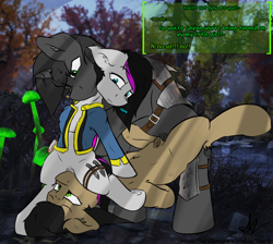Size: 1080x968 | Tagged: explicit, artist:scarrly, oc, oc:cherry blitz, oc:scarrly, series:fallout adventures, armor, balls, balls are touching, bat pony, dialogue, dubious consent, facesitting, fallout, fallout equestria, female, filly, filly on stallion, fillydom, foal, foalcon, group sex, imported from derpibooru, male, mmf threesome, nudity, partially non consensual, pony, raider, raider armor, raiding, reverse foalcon, sheath, sheathed, smol, smoldom, stallion, stealth boy, threesome, throwing knife, vulva, weapon