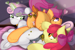 Size: 2144x1440 | Tagged: explicit, grotesque, artist:not_texmex, apple bloom, scootaloo, sweetie belle, abstract background, alternate version, anal beads, anal insertion, anal orgasm, analingus, analingus on female, anatomically correct, apple bloom's bow, bed, bow, clitoris, cmc threesome, crotchboobs, cutie mark crusaders, derpibooru exclusive, dock, earth pony, feeding shit, female, fetish, foalcon, g4, hair bow, hands free, imported from derpibooru, insertion, lesbian, magic, masturbation, mottled crotchboobs, mottled genitals, nipples, nudity, oral, orgasm, pegasus, pony, poop, poop eating, scat, sex, sex toy, ship:sweetiebloomaloo, squirting, teats, telekinesis, unicorn, vaginal secretions, vulva, vulvar winking