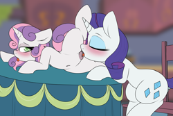 Size: 3000x1998 | Tagged: explicit, artist:lockheart, rarity, sweetie belle, age difference, anatomically correct, belle sisters, belly, belly button, blushing, chair, clitoris, cunnilingus, derpibooru exclusive, duo, duo female, eyes closed, eyeshadow, female, filly, foal, foalcon, g4, imported from derpibooru, incest, lesbian, looking back, lying down, makeup, mare, mare on filly, nudity, on side, open mouth, oral, pony, puffy vulva, raricest, sex, ship:raribelle, shipping, siblings, sisters, table, tongue out, unicorn, vaginal secretions, vulva, vulvar winking