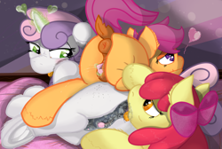 Size: 2144x1440 | Tagged: explicit, artist:not_texmex, apple bloom, scootaloo, sweetie belle, abstract background, alternate version, anal orgasm, analingus, analingus on female, anatomically correct, anus, bed, clitoris, cmc threesome, crotchboobs, cutie mark crusaders, derpibooru exclusive, dock, ear fluff, earth pony, female, female on female analingus, filly, foal, foalcon, frog (hoof), g4, hands free, heart, hoofbutt, imported from derpibooru, lesbian, magic, masturbation, mottled crotchboobs, mottled genitals, nipples, nudity, oral, orgasm, ponut, pony, pony on pony action, sex, ship:sweetiebloomaloo, spread pussy, squirting, teats, telekinesis, tongue out, underhoof, unshorn fetlocks, vagina, vaginal orgasm, vaginal secretions, vulva