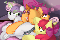 Size: 2144x1440 | Tagged: explicit, artist:not_texmex, apple bloom, scootaloo, sweetie belle, abstract background, anal beads, anal insertion, anal orgasm, analingus, analingus on female, anatomically correct, anus, apple bloom's bow, bed, big clitoris, bow, clitoris, cmc threesome, crotchboobs, cutie mark crusaders, derpibooru exclusive, dock, ear fluff, earth pony, female, female on female analingus, filly, foal, foalcon, frog (hoof), g4, group sex, hair bow, hands free, heart, hoofbutt, imported from derpibooru, insertion, lesbian, lube, magic, masturbation, mottled crotchboobs, mottled genitals, nipples, nudity, oral, orgasm, pile, plot pile, ponut, pony, pony on pony action, sex, sex toy, ship:sweetiebloomaloo, shoulder fluff, spread pussy, squirting, tail lift, teats, telekinesis, tongue out, underhoof, unshorn fetlocks, vagina, vaginal secretions, vulva, vulvar winking