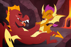 Size: 2143x1426 | Tagged: explicit, artist:dancingchar, ahegao, blushing, brother, brother and sister, cowgirl position, dragon, dragoncest, eyes closed, female, foalcon, g4, garble, holding hands, imported from derpibooru, incest, male, nudity, open mouth, penetration, penis, sex, ship:smolble, show accurate, show accurate porn, sibling incest, siblings, sister, smolder, straight, tongue out, vaginal, vulva