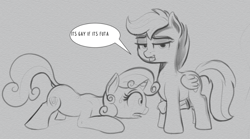 Size: 965x535 | Tagged: explicit, scootaloo, sweetie belle, female, foalcon, futa, futa scootaloo, g4, imported from derpibooru, intersex, monochrome, nudity, open mouth, penis, pony, ship:scootabelle, shipping, sketch