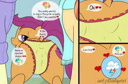 Size: 1280x844 | Tagged: explicit, artist:caluriri, scootaloo, comic:love it here in ponyville, anal insertion, aunt and niece, aunt holiday, auntie lofty, butt, buttplug, cameltoe, clothes, comic, cutie mark buttplug, female, foalcon, g4, imported from derpibooru, insertion, lesbian, nudity, panties, panties pulled down, plot, pony, presenting, rainbow dash's cutie mark, scootabutt, scootacest, sex toy, underwear, vulva