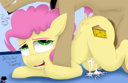 Size: 5100x3300 | Tagged: explicit, artist:fiercewendigo, oc, oc:fierce wendigo, ahegao, canon x oc, creampie, cum, dialogue, female, filly, floppy ears, foal, foalcon, g4, happy sex, holding hooves, imported from derpibooru, li'l cheese, my little pony: friendship is magic, offscreen character, open mouth, pony, sex, size difference, the last problem, wavy mouth