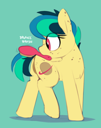 Size: 659x831 | Tagged: explicit, artist:shinodage, editor:deserter, oc, oc:apogee, anatomically correct, anus, body freckles, brush, brushie, brushie brushie, butt, casual nudity, chest fluff, cute, diageetes, ear freckles, edit, eye clipping through hair, female, filly, foal, foalcon, freckles, g4, genitals, imported from derpibooru, mouth hold, nsfw edit, nudity, oc only, pegasus, pony, simple background, solo, solo female, vulva