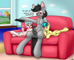 Size: 2500x2050 | Tagged: explicit, artist:firestarsartdump, oc, oc:aerial ace, oc:apogee, :o, age difference, balls, belly button, blushing, body freckles, bored, canon x oc, couch, cozy glow, crotchboobs, cutie mark, dialogue, ear fluff, erection, eyes on the prize, female, filly, foal, foalcon, freckles, g4, high res, hoof hold, imported from derpibooru, indoors, male, nipples, nudity, open mouth, pegasus, penis, pony, ponyville, stallion, straight, teats, unicorn, vulva, watching tv, window