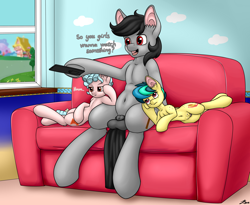 Size: 2500x2050 | Tagged: explicit, artist:firestarsartdump, oc, oc:aerial ace, oc:apogee, age difference, balls, belly button, body freckles, bored, canon x oc, couch, cozy glow, crotchboobs, cutie mark, dialogue, ear fluff, female, filly, foal, foalcon, freckles, g4, high res, hoof hold, imported from derpibooru, indoors, male, nipples, nudity, open mouth, pegasus, penis, pony, ponyville, sheath, stallion, straight, teats, unicorn, vulva, watching tv, window