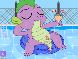 Size: 3200x2400 | Tagged: explicit, artist:gcthetreecko, spike, balls, casual nudity, cub, dragon, foalcon, g4, high res, imported from derpibooru, male, nudity, penis, solo, solo male, swimming pool