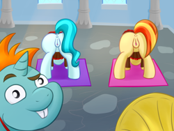 Size: 3000x2250 | Tagged: explicit, artist:maximussolini, anus, ass up, bottomless, cheerleader, clitoris, clothes, colt, earth pony, face down ass up, foal, foalcon, g4, high res, imported from derpibooru, lighthoof, male, nude yoga, nudity, partial nudity, pony, raised eyebrow, selfie, shimmy shake, snips, unicorn, vulva, yoga, yoga mat