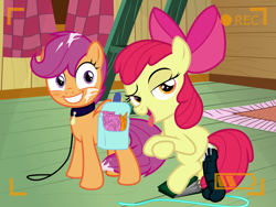 Size: 9331x7000 | Tagged: explicit, artist:gollygosh, apple bloom, scootaloo, bedroom eyes, camera shot, clubhouse, collar, condom, creampie, cum, cum on hair, cum on mane, cum on tail, cumtube, derpibooru exclusive, dildo, earth pony, facial, female, foalcon, g4, imported from derpibooru, leash, looking at you, missing cutie mark, open mouth, pet play, pony, raised eyebrow, saddle bag, scootapet, sex toy, show accurate, show accurate porn, smiling, vector