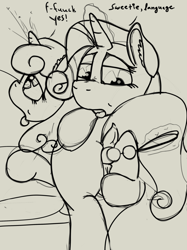 Size: 809x1080 | Tagged: explicit, artist:not_texmex, rarity, sweetie belle, age difference, anal beads, anal insertion, anatomically correct, anus, belle sisters, derpibooru exclusive, dialogue, dry anal orgasm, dry orgasm, ear fluff, female, filly, foal, foalcon, fuck, fuck yes, g4, horn, horngasm, imported from derpibooru, incest, insertion, lesbian, mare, mare on filly, nudity, orgasm, ponut, pony, pony on pony action, raricest, scolding, sex toy, ship:raribelle, shipping, siblings, sisters, sketch, swearing, unicorn, vulgar, vulva