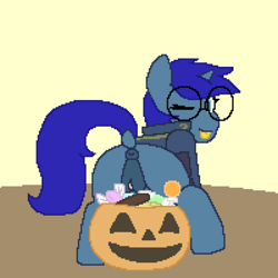 Size: 2400x2400 | Tagged: explicit, artist:mayellasterben, oc, oc:save state, :p, anatomically correct, anus, candy, clothes, costume, dock, female, filly, foal, foalcon, food, glasses, halloween, halloween costume, high res, holiday, imported from derpibooru, jumpsuit, nudity, oc only, one eye closed, pixel art, pony, presenting, pumpkin bucket, simple background, solo, solo female, tongue out, unicorn, vault suit, vulva, wink, ych result