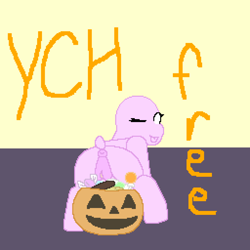 Size: 2048x2048 | Tagged: explicit, artist:mayellasterben, anus, awful background placeholder, candy, commission, dark genitals, female, foalcon, food, halloween, high res, holiday, imported from derpibooru, nightmare night, nudity, one eye closed, pixel art, pony, presenting, pumpkin bucket, solo, solo female, trick or treat, vulva, wink, your character here