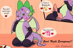 Size: 1280x844 | Tagged: explicit, artist:caluriri, applejack, pinkie pie, spike, cake, dragon, foalcon, food, g4, implied applespike, implied flutterspike, implied pinkiespike, implied rainbowspike, implied shipping, implied sparity, implied straight, implied twispike, imported from derpibooru, kiss mark, lipstick, masturbation, message, nudity, penis, spike gets all the mares, straight, winged spike, wings