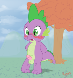 Size: 1400x1500 | Tagged: explicit, artist:raukue, spike, arm behind back, balls, blushing, circumcised, cute, cute porn, dragon, embarrassed, embarrassed nude exposure, foalcon, g4, genitals, human penis, imported from derpibooru, inconvenient erection, male, nudity, penis, shy, small penis, solo, solo male, tree, wingless spike
