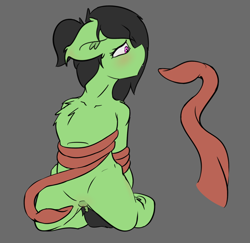 Size: 1308x1272 | Tagged: explicit, artist:scarrly, oc, oc:filly anon, alternate version, bad end, bondage, dock, earth pony, female, fetish, filly, foal, foalcon, game over, game:filly astray, imported from derpibooru, kneeling, nudity, oc only, pony, ponytail, tentacle bondage, tentacle porn, tentacles, tentacles on female, tentacles on filly, this will end in tears, vulva