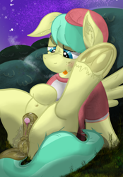 Size: 1506x2160 | Tagged: explicit, artist:glutenfree_texmex, alternate version, anatomically correct, anus, barley barrel, belly button, blushing, clitoris, clothes, derpibooru exclusive, dock, ear fluff, female, filly, foal, foalcon, frog (hoof), g4, grass, imported from derpibooru, mottled genitals, night, nudity, outdoors, pegasus, ponut, pony, tongue out, underhoof, vagina, vaginal secretions, vulva, vulvar winking