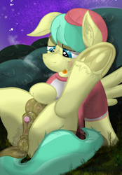 Size: 1506x2160 | Tagged: explicit, artist:glutenfree_texmex, alternate version, anatomically correct, anus, barley barrel, blushing, clitoris, clothes, crotchboobs, derpibooru exclusive, dock, ear fluff, female, filly, foal, foalcon, freckles, frog (hoof), g4, grass, imported from derpibooru, mottled crotchboobs, mottled genitals, night, nipples, nudity, outdoors, pegasus, ponut, pony, presenting, solo, solo female, tongue out, underhoof, vaginal secretions, vulva, vulvar winking