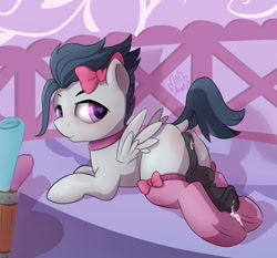 Size: 1500x1400 | Tagged: explicit, artist:klemm, artist:pomf19, after anal, after anal orgasm, aftersex, alternate hairstyle, anal creampie, anus, balls, blank flank, bow, choker, clothes, colt, creampie, crossdressing, cum, dock, eyelashes, foal, foalcon, g4, heart eyes, implied gay, imported from derpibooru, indoors, kinktober, kinktober 2019, legwear, male, malesub, no eyelashes, nudity, pegasus, penis, pony, rumble, socks, solo, solo male, stockings, stupid sexy rumble, submissive, thigh highs, trap, underhoof, wingding eyes