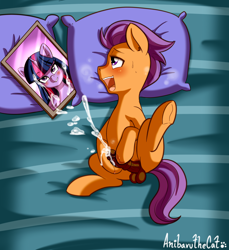 Size: 1417x1549 | Tagged: explicit, artist:anibaruthecat, twilight sparkle, alicorn, alternate version, balls, bed, blushing, colt, cum, cumming, earth pony, female, foal, foalcon, g4, horsecock, imported from derpibooru, male, masturbation, nudity, on bed, orgasm, penis, photo, pillow, pony, ship:twitaps, shipping, solo, solo male, straight, tender taps
