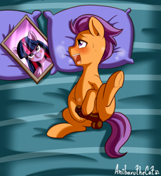Size: 1417x1549 | Tagged: explicit, artist:anibaruthecat, twilight sparkle, alicorn, alternate version, balls, bed, blushing, colt, earth pony, female, foal, foalcon, g4, horsecock, imported from derpibooru, male, masturbation, nudity, on bed, penis, photo, pillow, pony, ship:twitaps, shipping, solo, solo male, speech bubble, straight, tender taps