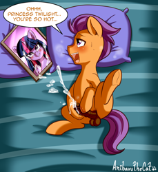 Size: 1417x1549 | Tagged: explicit, artist:anibaruthecat, twilight sparkle, alicorn, alternate version, balls, bed, blushing, colt, cum, earth pony, female, foal, foalcon, g4, horsecock, imported from derpibooru, male, masturbation, nudity, on bed, orgasm, penis, photo, pillow, pony, ship:twitaps, shipping, solo, solo male, speech bubble, straight, tender taps