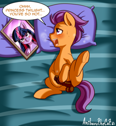 Size: 1417x1549 | Tagged: explicit, artist:anibaruthecat, twilight sparkle, alicorn, balls, bed, blushing, colt, earth pony, female, foal, foalcon, g4, horsecock, imported from derpibooru, male, masturbation, nudity, on bed, penis, photo, pillow, pony, ship:twitaps, shipping, solo, solo male, speech bubble, straight, tender taps