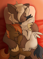 Size: 1036x1421 | Tagged: explicit, artist:sliderspoint, button mash, oc, oc:frozen mudslide, aftersex, age difference, anal creampie, big dom small sub, canon x oc, colt, creampie, cuddling, cum, cute, cute porn, foal, foalcon, g4, gay, imported from derpibooru, lucky bastard, male, penetration, pony, rumble, sex, stallion, stallion on colt