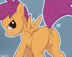Size: 988x786 | Tagged: explicit, artist:insomniacovrlrd, scootaloo, anus, butt, evil smile, female, filly, foal, foalcon, g4, grin, human vulva on pony, imported from derpibooru, nudity, pegasus, plot, pony, presenting, raised tail, smiling, solo, solo female, tail, teeth, vulva, wings