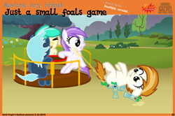 Size: 5036x3339 | Tagged: explicit, artist:vovi, accident, alternate version, bottle, burnout (g4), carousel, cider, crotchboobs, female, females only, filly, floppy ears, foal, foalcon, g4, imported from derpibooru, lightning flare, mint flower, nipples, nudity, pain, pony, surprised, teats, titania, vulva
