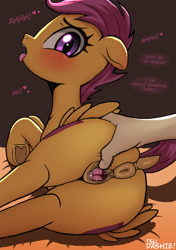 Size: 650x924 | Tagged: explicit, artist:tsudashie, scootaloo, anus, bed, blushing, both cutie marks, butt, clitoris, dialogue, dock, female, filly, foal, foalcon, g4, hand, heart, human, human on pony action, hymen, imported from derpibooru, interspecies, looking at you, looking back, looking back at you, nudity, open mouth, pegasus, plot, ponut, pony, raised tail, rear view, spread pussy, tail, tongue out, underhoof, vagina, vaginal secretions, virgin, vulva, wings