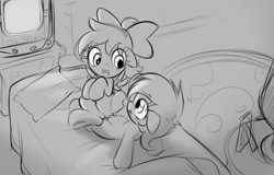 Size: 1625x1040 | Tagged: explicit, artist:pestil, oc, oc:aryanne, oc:kyrie, aryan, aryan pony, bed, bedroom, blonde, earth, female, filly, filly on filly, fluids, foal, foalcon, imported from derpibooru, lesbian, lineart, nudity, pegasus, pillow, pony, sex, sheet, television, tribadism, vagina, vaginal secretions, vulva, wet