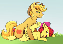 Size: 2000x1406 | Tagged: explicit, artist:andaluce, artist:dimfann, apple bloom, age difference, apple bloom's bow, applecest, bow, braeburn, color edit, colored, cousin incest, cousins, derpibooru exclusive, earth pony, edit, female, filly, foal, foalcon, fucked sideways, g4, hair bow, imported from derpibooru, incest, lidded eyes, male, nipples, nudity, open mouth, outdoor sex, outdoors, penetration, pony, sex, ship:braebloom, sideways, stallion, stallion on filly, straight, teats, underhoof, vaginal, vulva