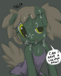 Size: 1440x1800 | Tagged: explicit, artist:telsa, oc, oc:telsie, anthro, cum, facial, female, foalcon, green, implied blowjob, implied oral, implied sex, imported from derpibooru, looking at you, oc only, offscreen character, pigtails, solo, solo female