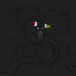 Size: 1000x1000 | Tagged: explicit, artist:telsa, oc, oc:ilygredd, oc:telsie, arm hooves, double grinding, female, filly, foal, foalcon, frog (hoof), grinding, hug, imported from derpibooru, interspecies, kissing, lineart, male, male pov, monochrome, oc only, offscreen character, partial color, pony, pony on human action, pov, semi-anthro, sex, snowballing, underhoof