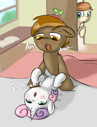 Size: 1134x1486 | Tagged: explicit, artist:commander derpy, button mash, sweetie belle, oc, oc:cream heart, ahegao, bed, blanket, blushing, caught, colt, colt on filly, derpibooru exclusive, door, earth pony, female, filly, foal, foalcon, from front, g4, hands free, imported from derpibooru, kids having sex in front of their parents, male, missionary position, moaning, moaning in pleasure, open mouth, orgasm, penetration, pony, sex, sex noises, ship:sweetiemash, shipping, simultaneous orgasm, softcore, straight, unicorn, vaginal, vaginal orgasm, vulgar