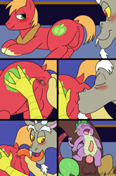 Size: 844x1280 | Tagged: explicit, artist:caluriri, spike, ahegao, anal, analingus, anus, ass, balls, bedroom eyes, big backintosh, big macintosh, big macintosh's yoke, big subbingtosh, blushing, butt, claws, comic, discord, draconequus, draconequus on dragon action, dragon, earth pony, eyes closed, foalcon, g4, gay, group sex, horse collar, imported from derpibooru, long tongue, male, male on male analingus, nudity, open mouth, oral, penetration, penis, pony, sex, ship:discomac, ship:dispike, ship:spikentoshcord, shipping, smiling, spread anus, super gay, threesome, tongue out