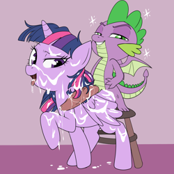Size: 1009x1009 | Tagged: explicit, artist:enookie, editor:wumbl3, spike, twilight sparkle, age difference, alicorn, and then spike was a man, big penis, bukkake, cropped, cum, dragon, dragon on pony action, duo, duo male and female, edit, female, foalcon, g4, imported from derpibooru, impossibly large penis, interspecies, male, mare, nudity, open mouth, penis, pony, pseudoincest, raised hoof, ship:twispike, shipping, stool, straight, sweat, winged spike, wings
