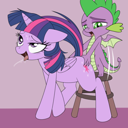 Size: 1009x1009 | Tagged: explicit, artist:enookie, editor:wumbl3, spike, twilight sparkle, ahegao, alicorn, ambiguous penetration, butt touch, cropped, dragon, dragon on pony action, edit, female, foalcon, g4, hand on butt, imported from derpibooru, interspecies, male, mare, nudity, open mouth, pony, raised hoof, ship:twispike, shipping, stool, straight, sweat, winged spike, wings