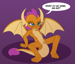 Size: 4000x3426 | Tagged: explicit, artist:drai, blushing, breasts, creampie, cum, delicious flat chest, dragon, dragoness, female, foalcon, g4, implied straight, imported from derpibooru, nipples, nudity, smiling, smolder, solo, solo female, spread wings, vulva, wings